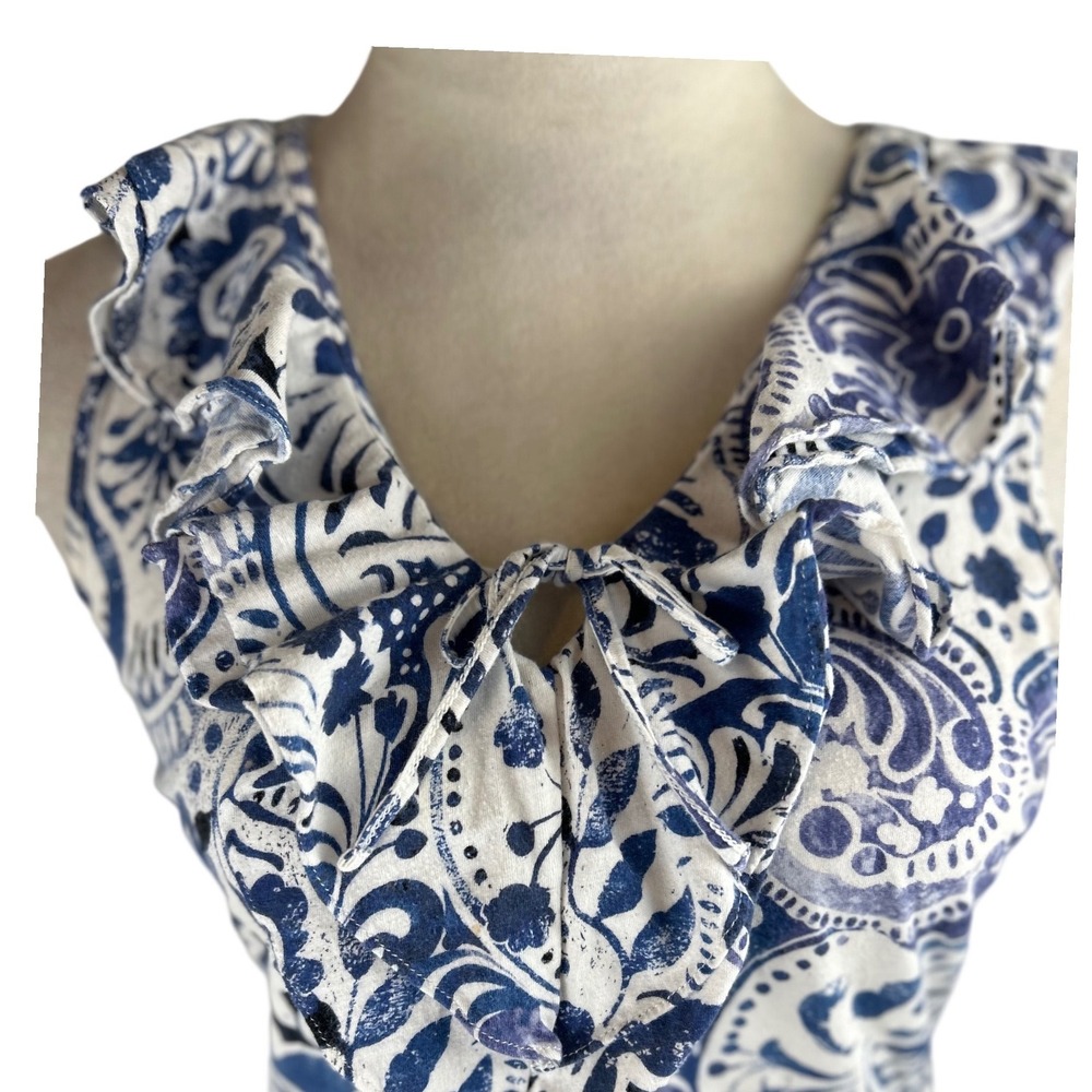 Lauren Ralph Lauren Blue White Paisley Ruffle‎ Tie Neck Sleeveless Cotton Top S